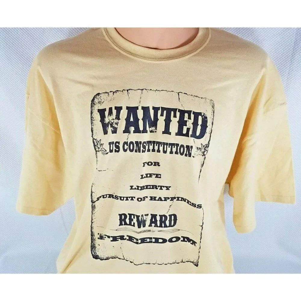 Tea Party Shirt Wanted US Constitution Freedom Political Yellow Tshirt M